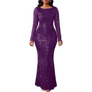 Women's Sequins Round Neck Long Sleeve Maxi Dress Purple
